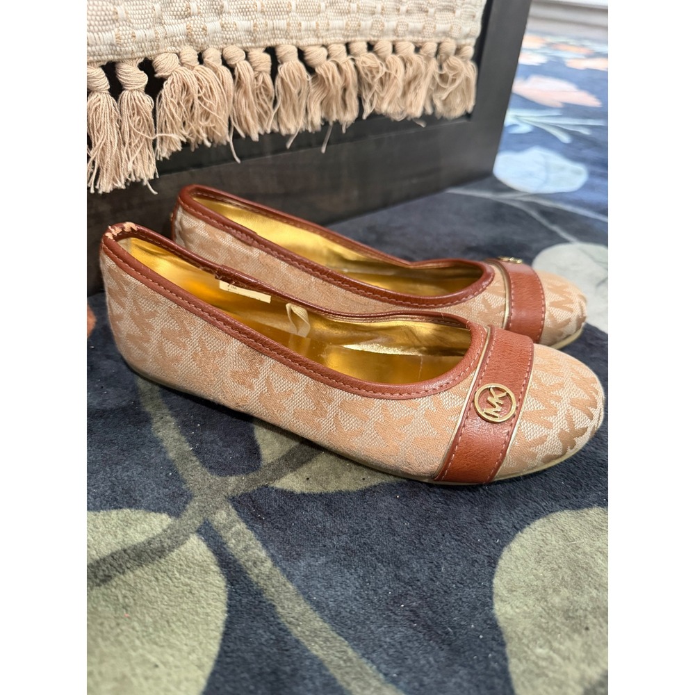 Michael Kors Kids Girls Beige Brown Logo Monogram Ballet Flats Size 3 Slip On